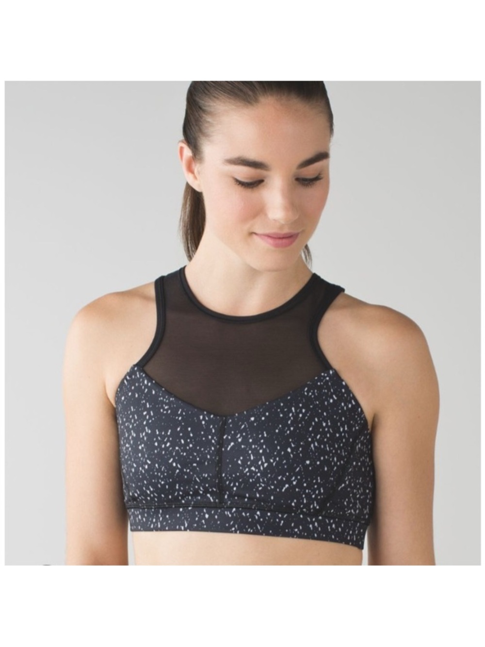 Lululemon Meshed Up Black White Speckled Racerback Sports Bra Sz 6 Yoga Workout